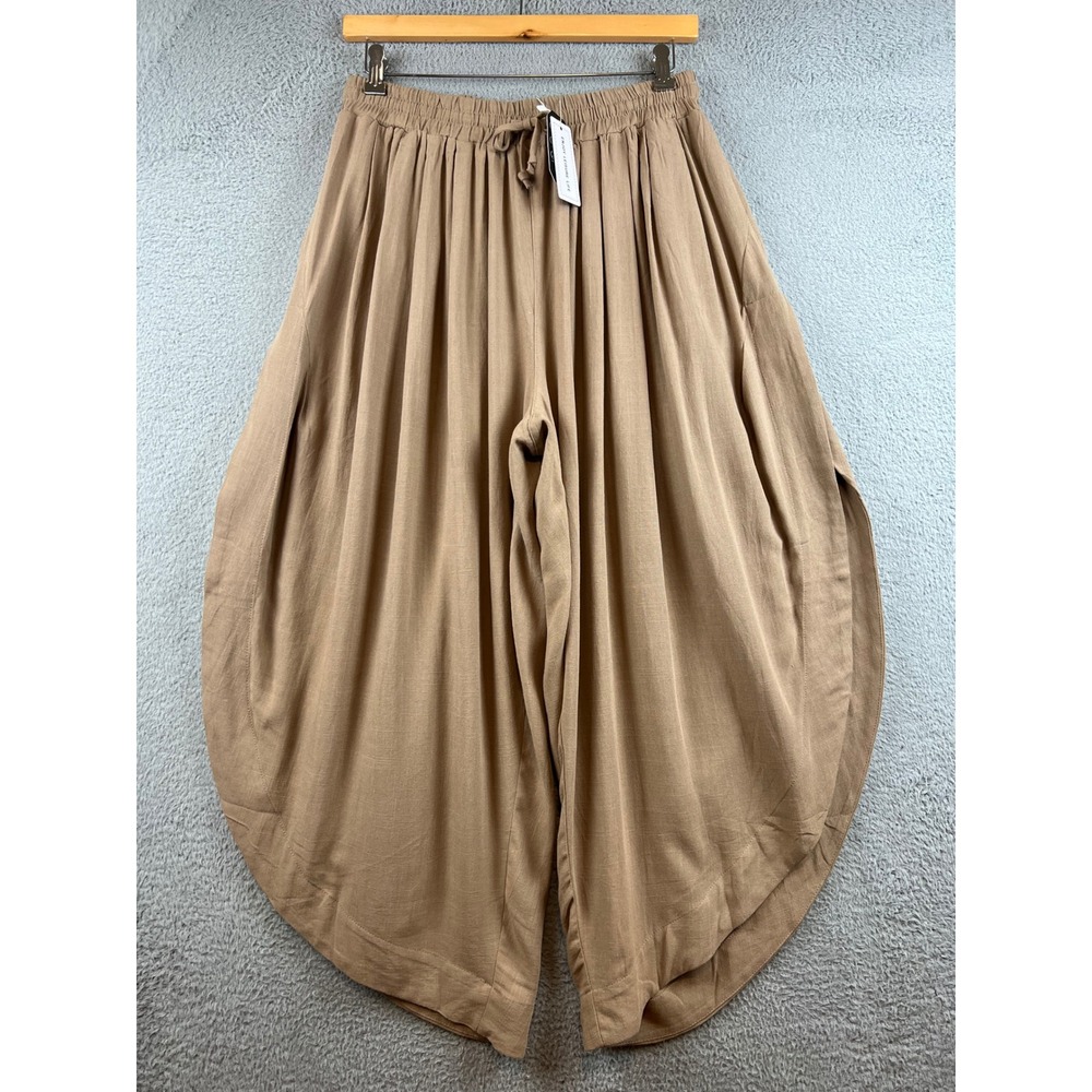 Tarse Women Tan Khaki Wide Leg Harem Pants Petal Side Slit Boho Yoga Large NEW